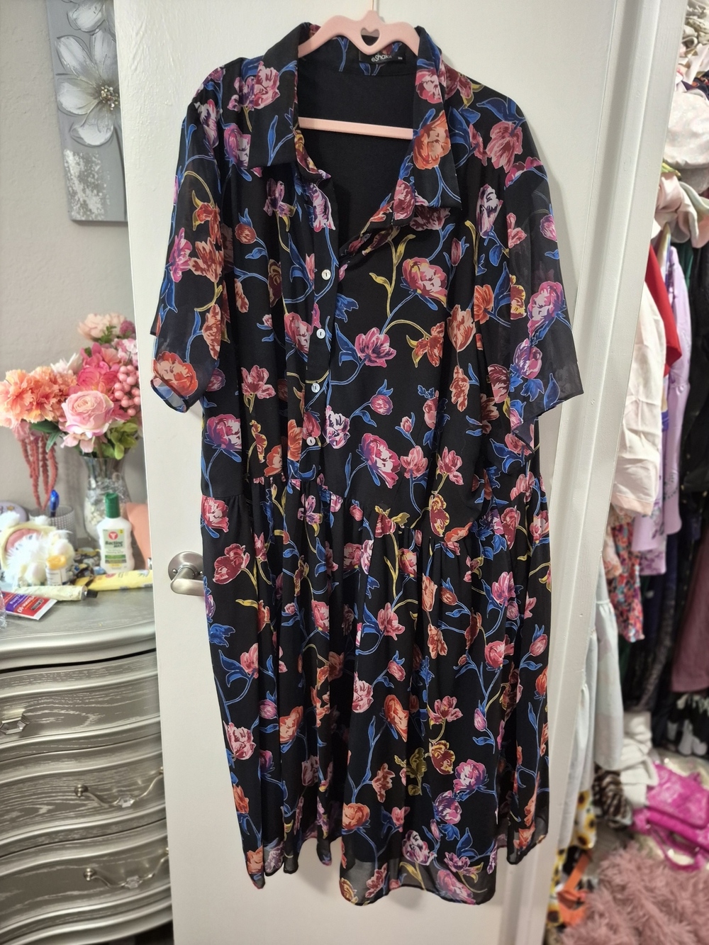 eshakti Black Floral Midi Dress with Pink and Blue Blooms